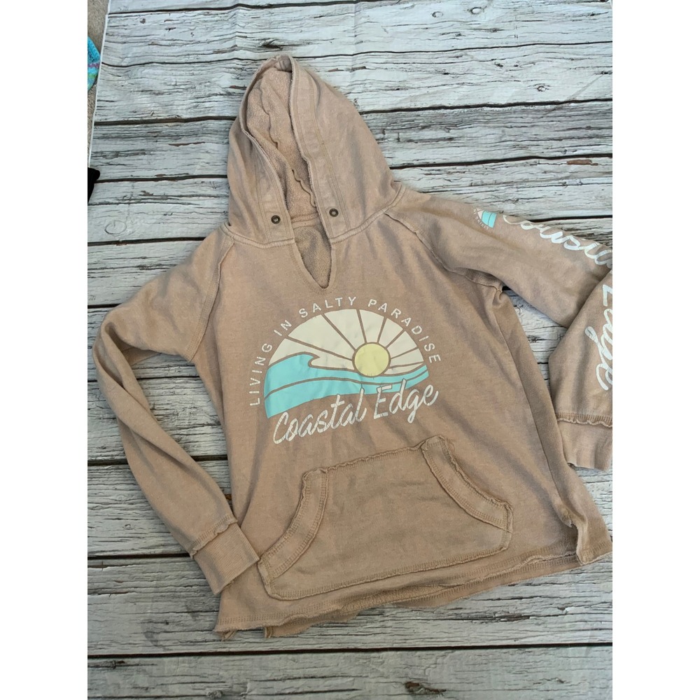 Coastal Edge Living in Salty Paradise Hoodie Tan Graphic Surf Pullover Small